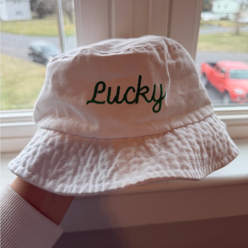 White Handy Hats Bucket Hat with Green "Lucky" Embroidery
